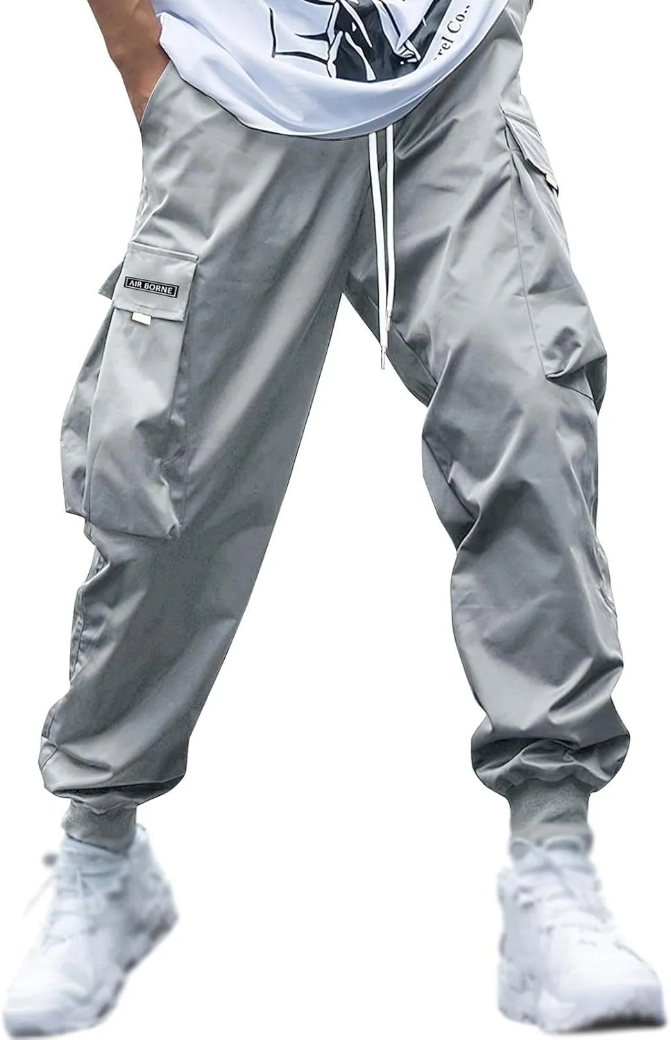 Casual Cargo Pants for Men Elastic Waist Relaxed Fit Trousers Hiking Joggers Athletic Pants with Multi Pockets