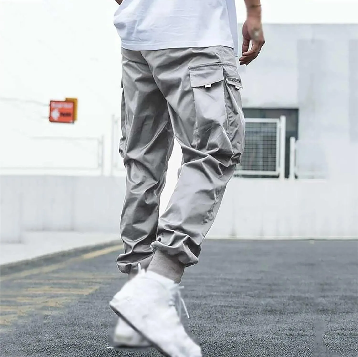 Casual Cargo Pants for Men Elastic Waist Relaxed Fit Trousers Hiking Joggers Athletic Pants with Multi Pockets