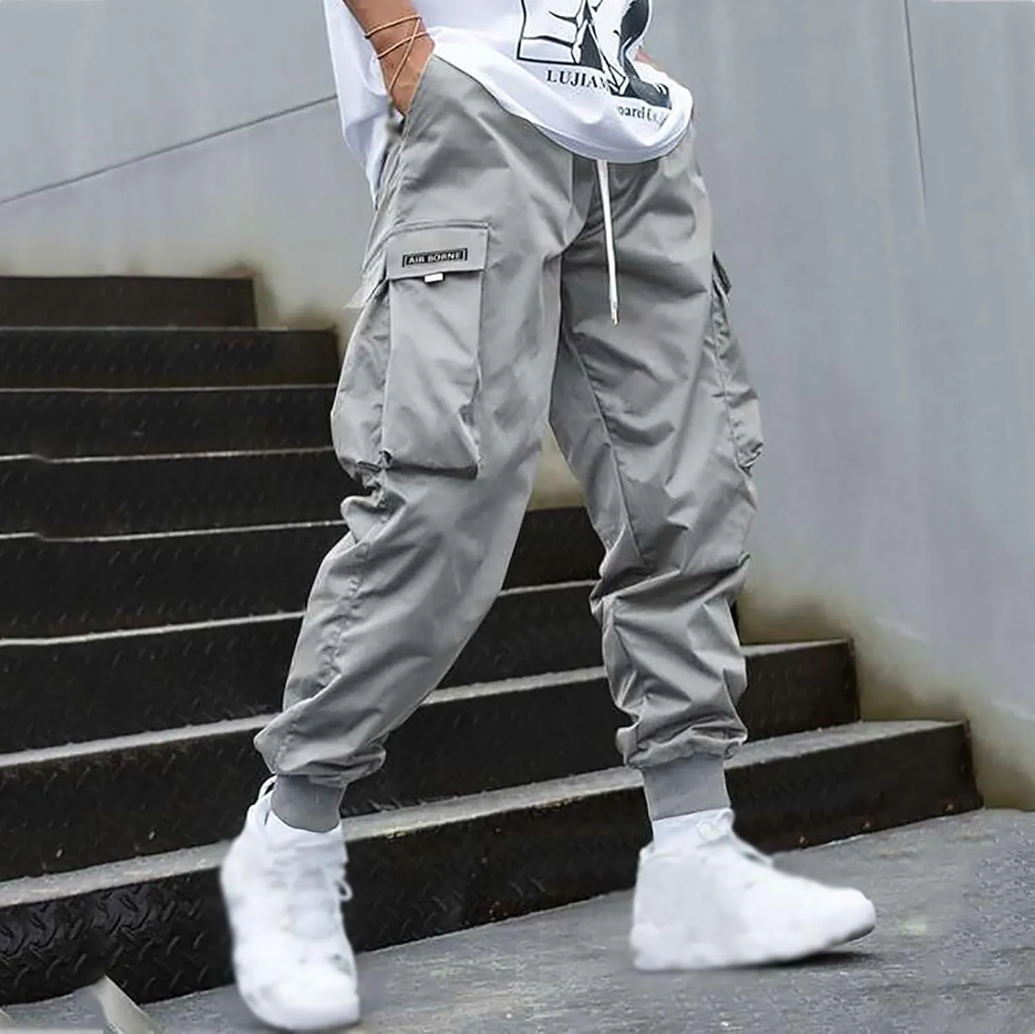 Casual Cargo Pants for Men Elastic Waist Relaxed Fit Trousers Hiking Joggers Athletic Pants with Multi Pockets