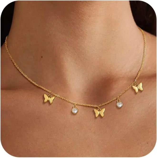 Charm Gold Necklace for Women Trendy, Dainty Gold Necklace Shell Star Butterfly Crystal Choker Necklace Chunky Gold Pendant Necklaces Womens Necklace Jewelry Gift
