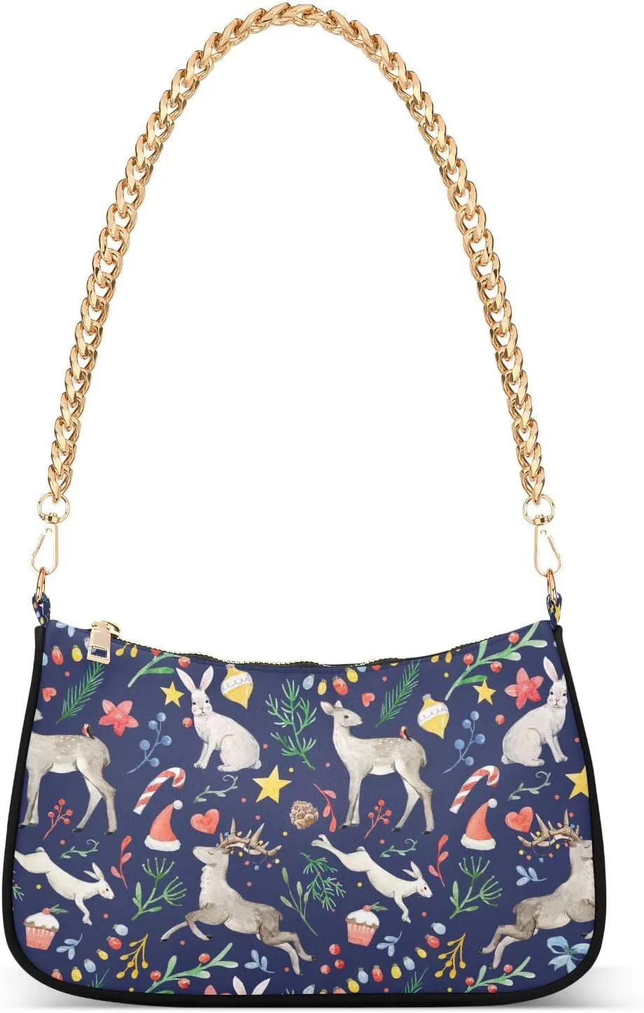 Christmas Deer Rabbit Shoulder Handbags for Women Travel Hobo Tote Handbag Women Gold Chain Shoulder Bags Purse with Zipper Closure