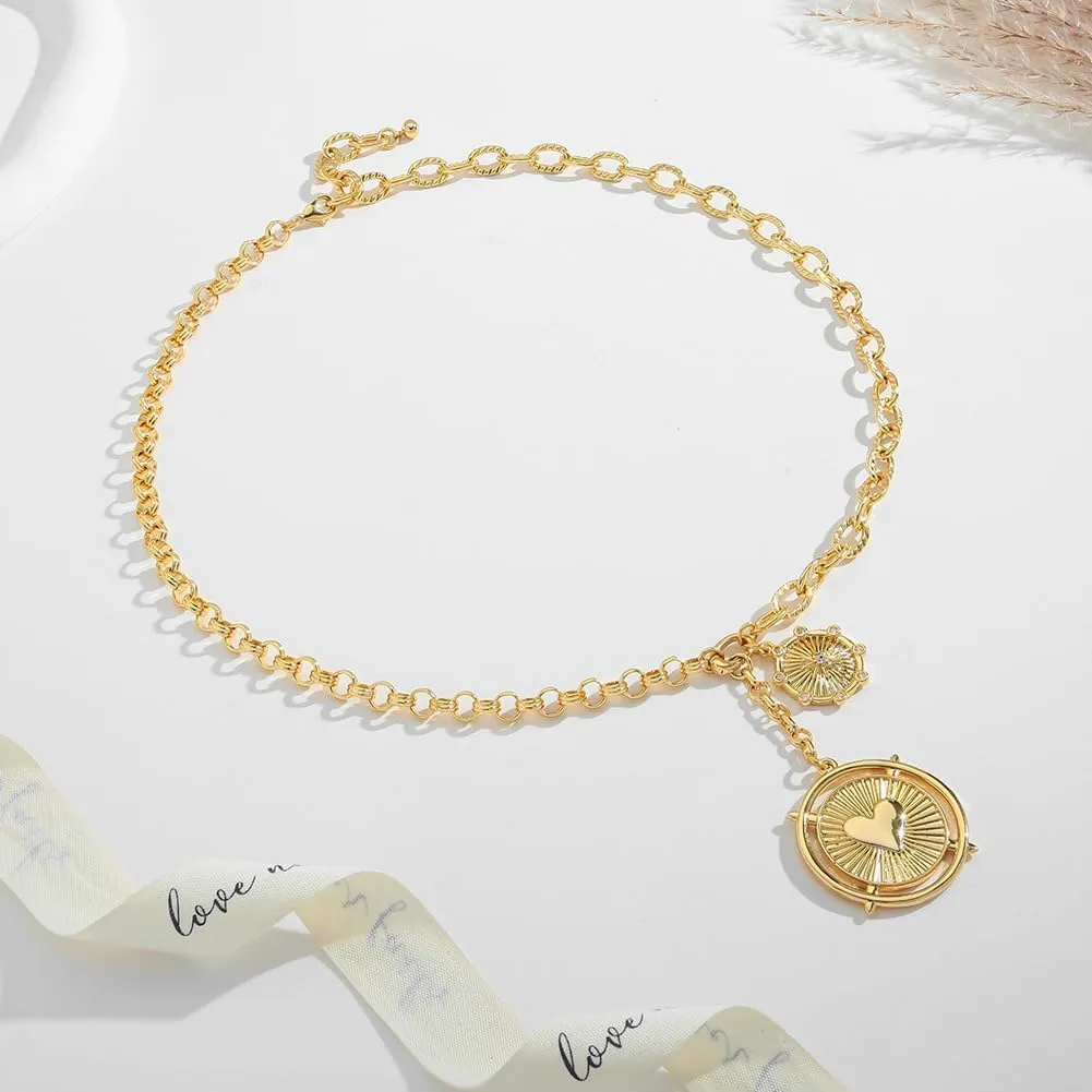 Chunky Gold Pendant Necklaces For Women Gold Chain links With Sun Heart Lion Conch Shell Charms Summer Necklaces Beach Jewelry Gift