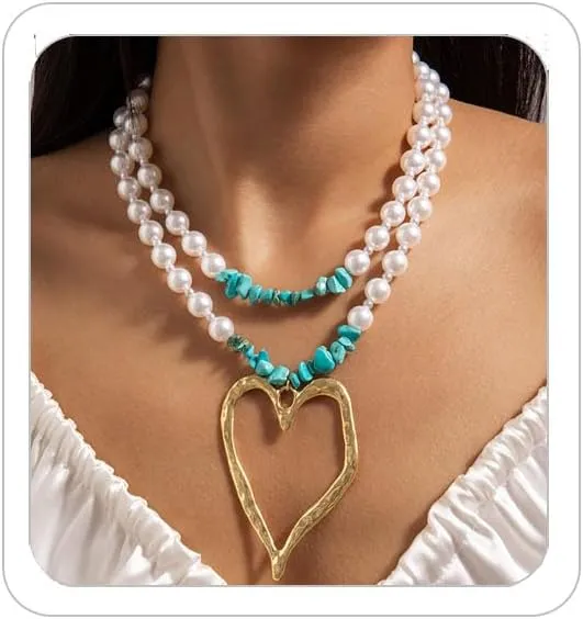 Chunky Heart Necklaces for Women Y2K Hollow Heart Pendant Necklace Gold Heart Choker necklace Multi-layered Pearl Love Necklace Exaggerated Large Heart Statement Necklaces