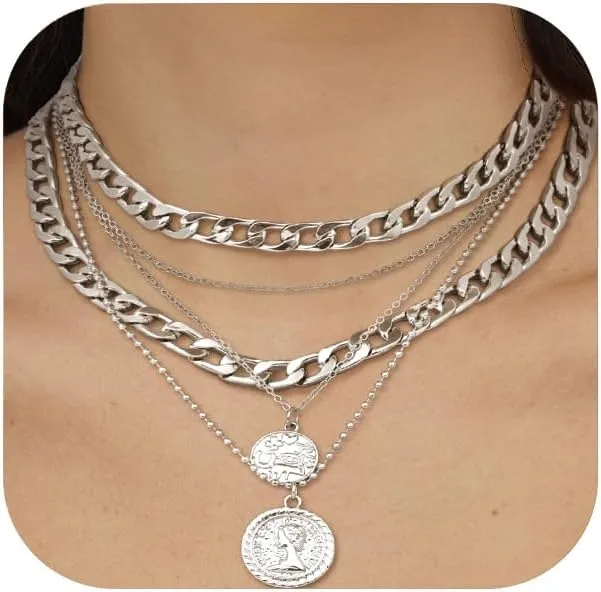 Chunky Silver Layered Necklaces for Women Trendy Coin Pendant Chain Jewelry Set Adjustable Dainty Statement Necklace Gift for Her