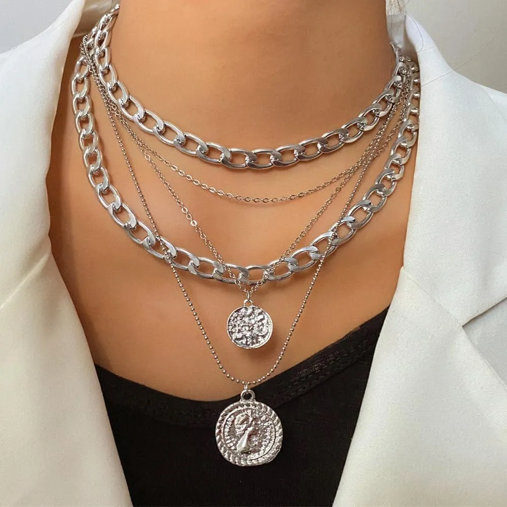 Chunky Silver Layered Necklaces for Women Trendy Coin Pendant Chain Jewelry Set Adjustable Dainty Statement Necklace Gift for Her