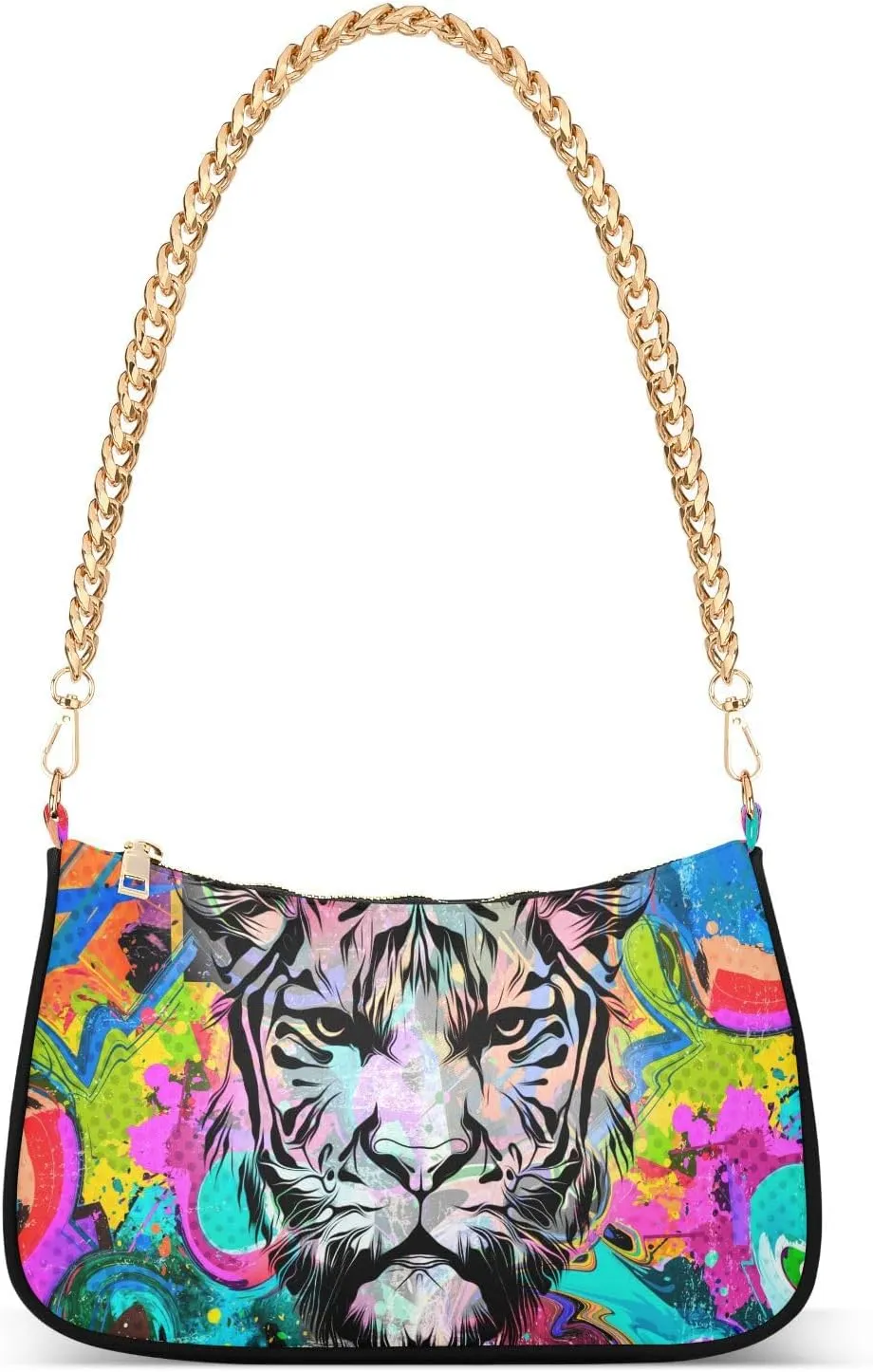 Colorful Tiger Oil Painting Shoulder Handbags for Women Travel Hobo Tote Handbag Women Gold Chain Shoulder Bags Purse with Zipper Closure
