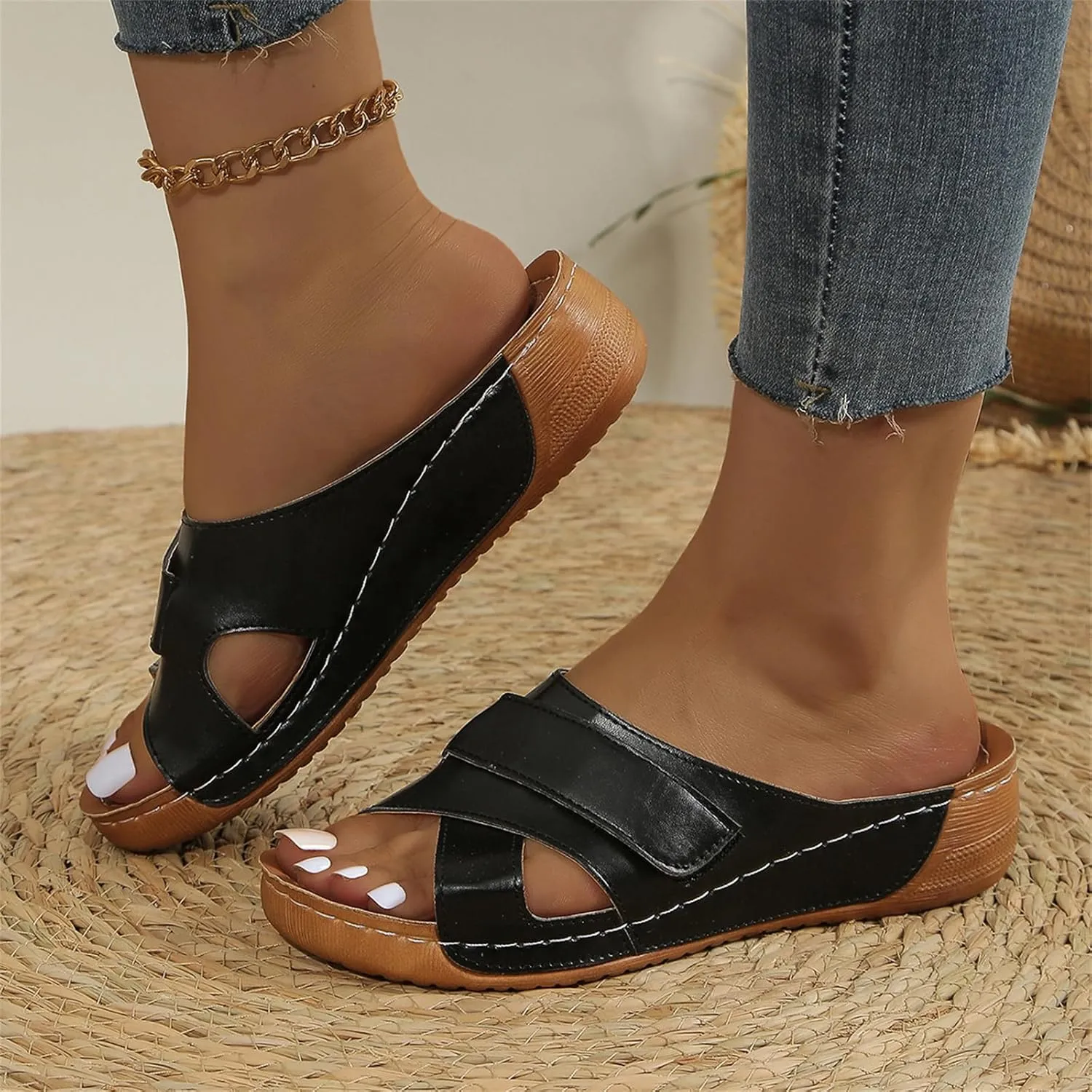 Comfort Wear Slippers for Women Orthopedic Sandals Criss Cross Open Toe Wide Width Casual Slipper Non Slip Comfortable Beach Shoe Beach Walking Sandals Indoor Outdoor Slides Breathable Hollow Slip ons