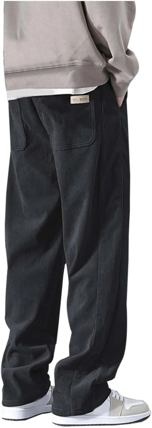 Corduroy Pants Men Straight Fit Baggy Relaxed fit Elastic Waist Drawstring Trousers Hip Hop Pants Casual Slacks 2025