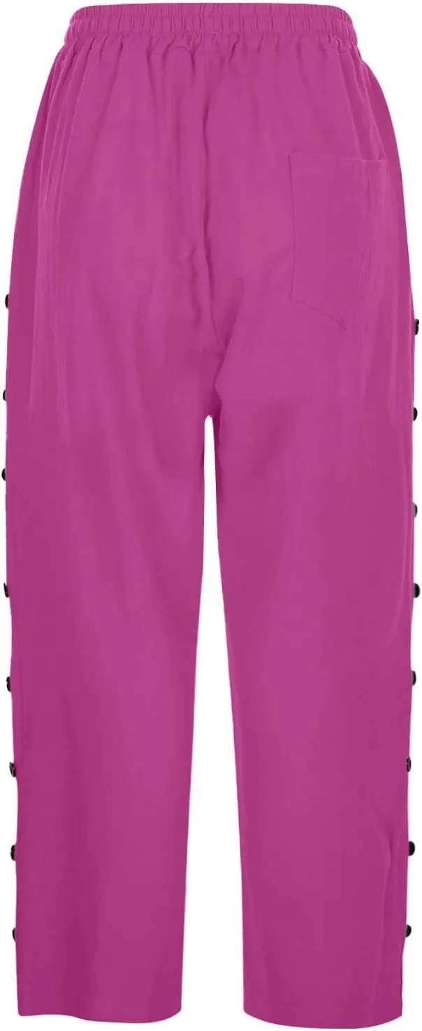 Cotton Linen Pants for Women Casual 2025 Summer Elastic Waist Capris Pants Trendy Straight Wide Leg Cropped Trouser