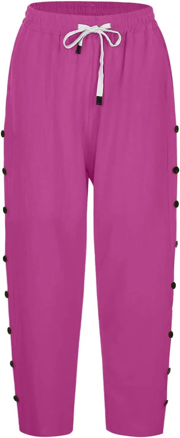 Cotton Linen Pants for Women Casual 2025 Summer Elastic Waist Capris Pants Trendy Straight Wide Leg Cropped Trouser