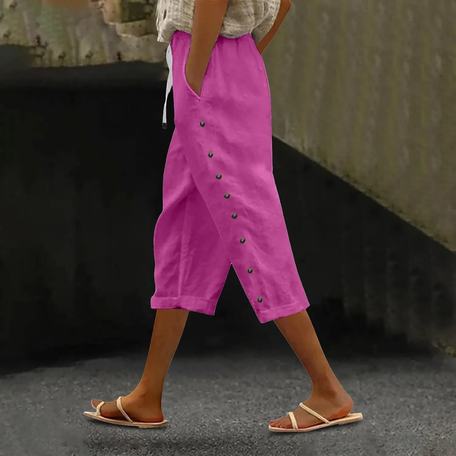 Cotton Linen Pants for Women Casual 2025 Summer Elastic Waist Capris Pants Trendy Straight Wide Leg Cropped Trouser