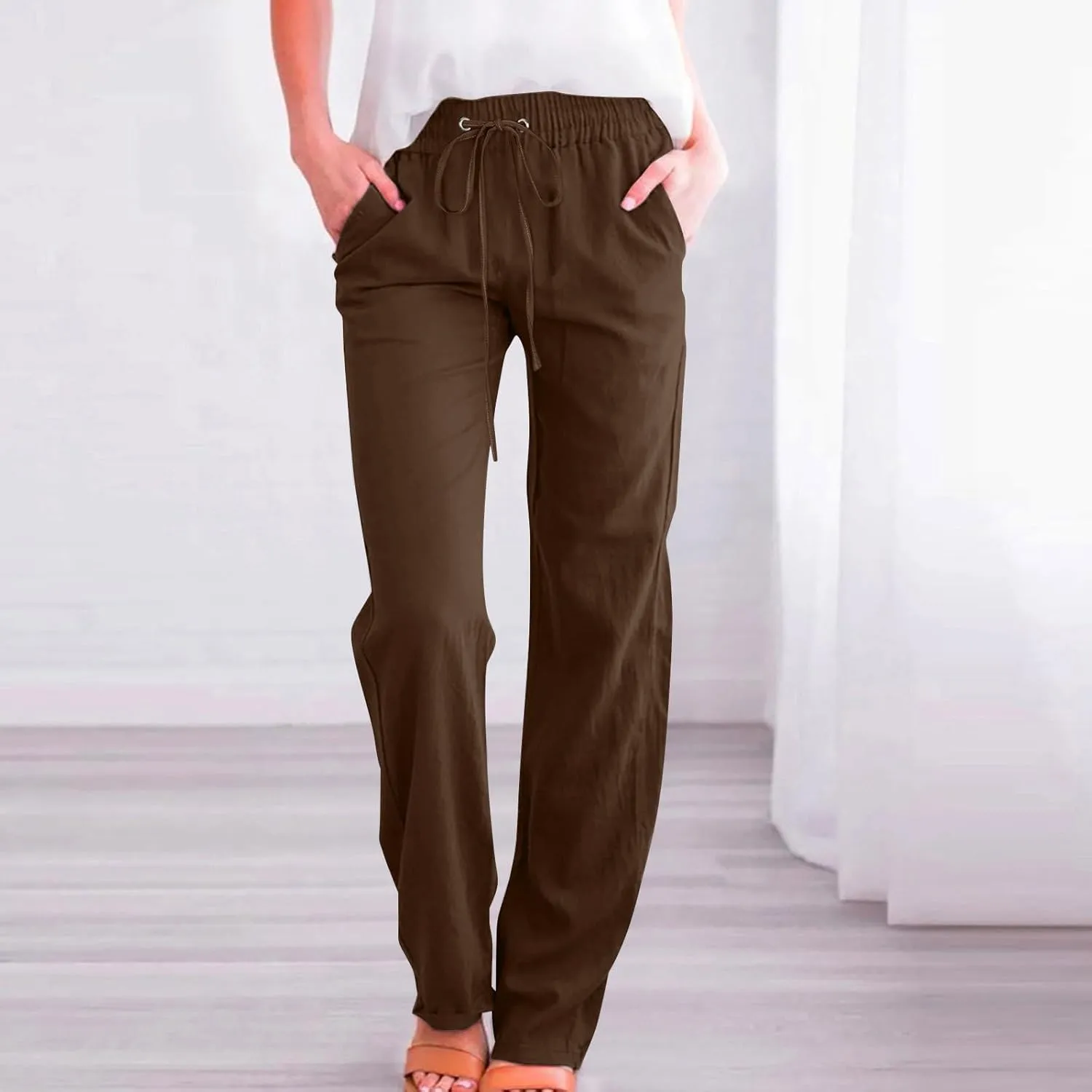 Cotton Linen Pants Women Long Summer Casual Lounge Pants Drawstring Waist Baggy Comfy Trendy Solid Pant with Pockets