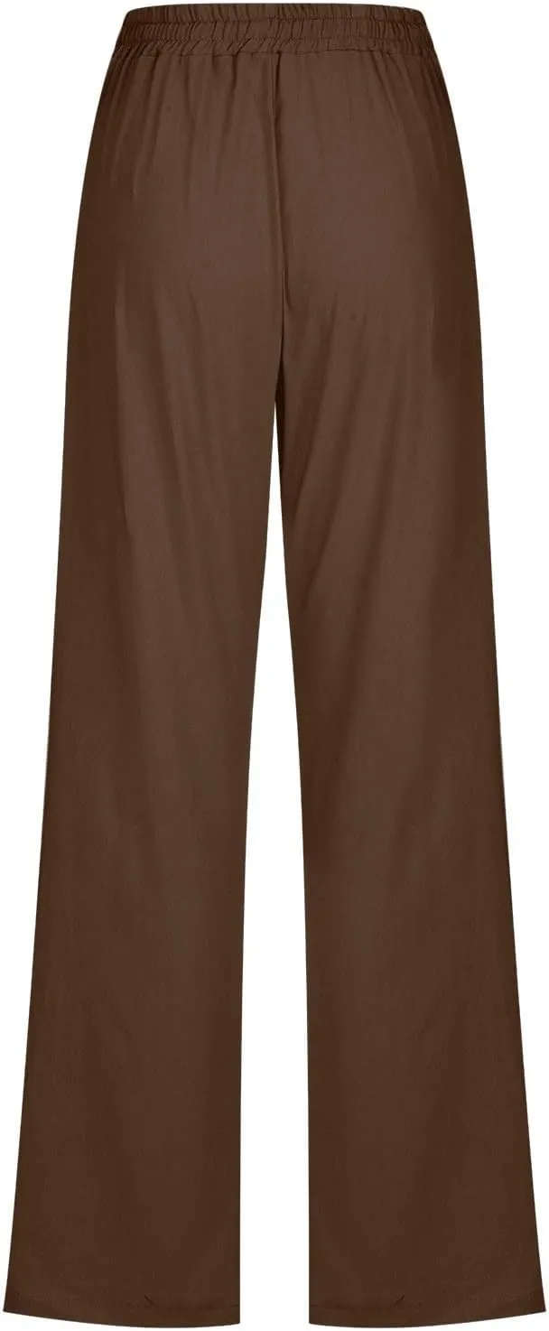 Cotton Linen Pants Women Long Summer Casual Lounge Pants Drawstring Waist Baggy Comfy Trendy Solid Pant with Pockets