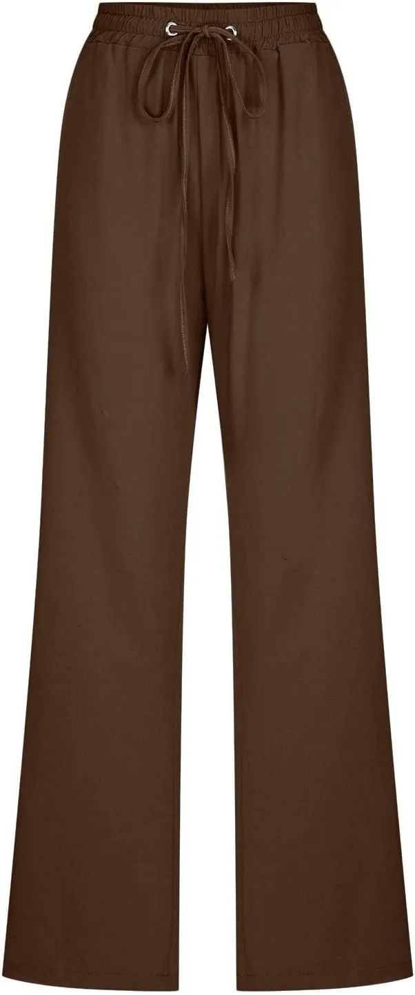 Cotton Linen Pants Women Long Summer Casual Lounge Pants Drawstring Waist Baggy Comfy Trendy Solid Pant with Pockets