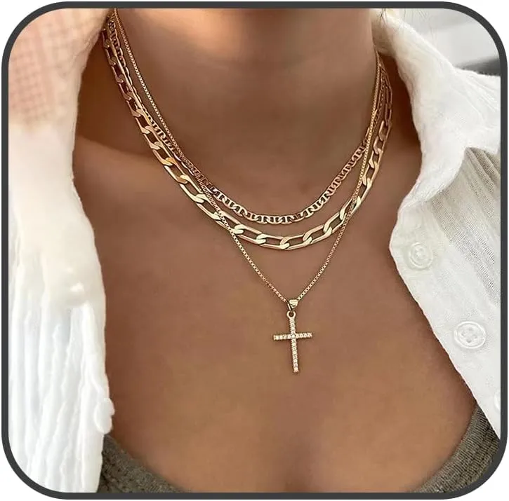 Cross Layered Necklaces for Women Gold Paperclip Pendant Necklace Trendy Stackable Choker Necklaces Cuban Layering Chain Necklace Set CZ Diamond Simple Jewelry Gift