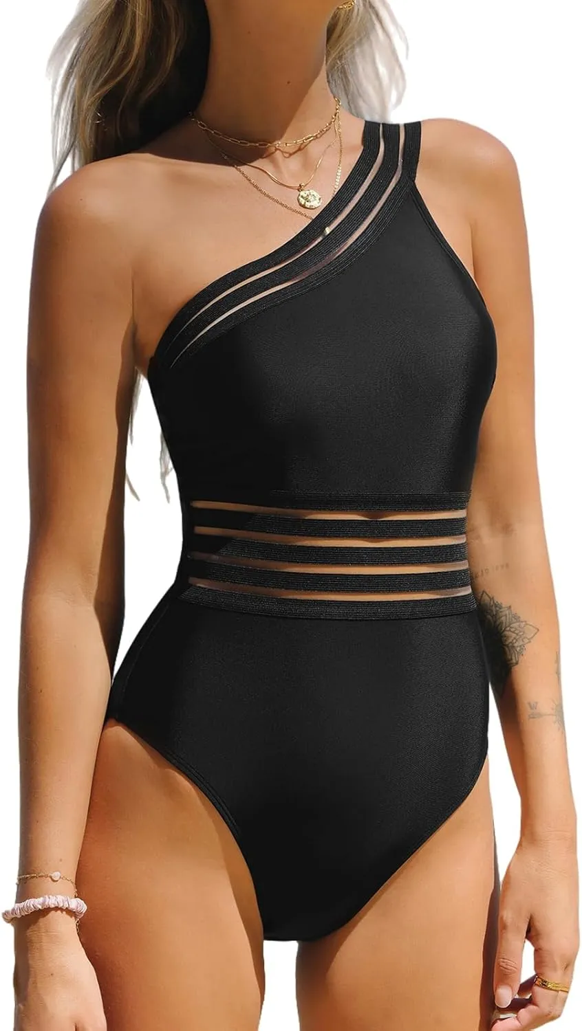 CUPSHE Women's One Piece Swimsuits Bathing Suits One Shoulder Adjustable Straps Cutout Asymmetrical Swimwear Mesh