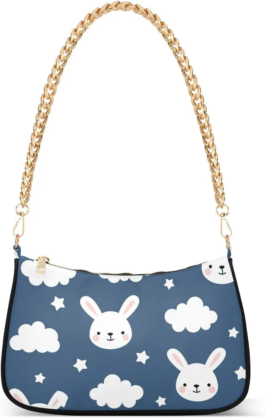 Cute Rabbit with Clouds Stars Shoulder Handbags for Women Travel Hobo Tote Handbag Women Gold Chain Shoulder Bags Purse with Zipper Closure