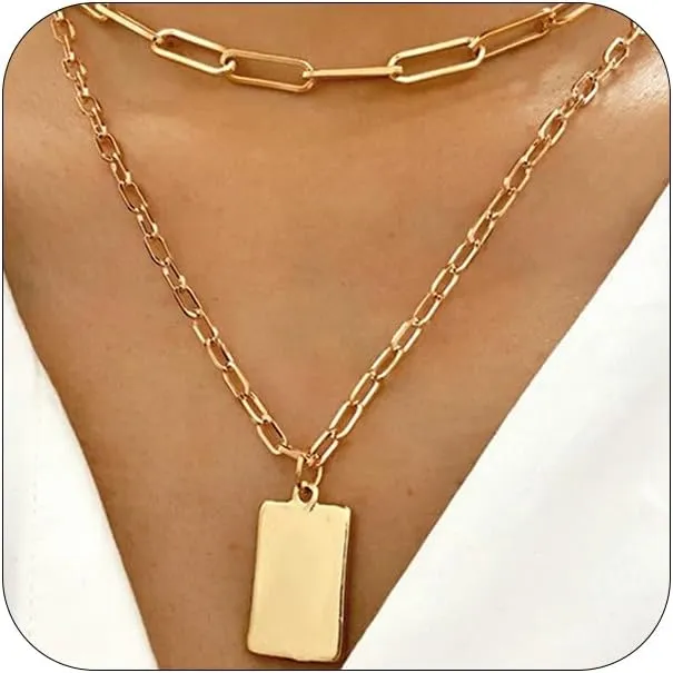 Dainty Gold Layering Paper clip Chain Necklaces for Women, Layered Stylish Minimalist Paperclip Chain Choker Statement Rectangle Pendant Necklaces