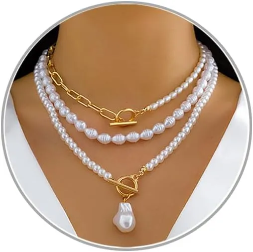 Dainty Layered Pearl Necklaces for Women Gold/Silver Paperclip Chain Pearl Choker Necklaces for Women Vintage Toggle Necklace Chunky Baroque Pearl Necklace