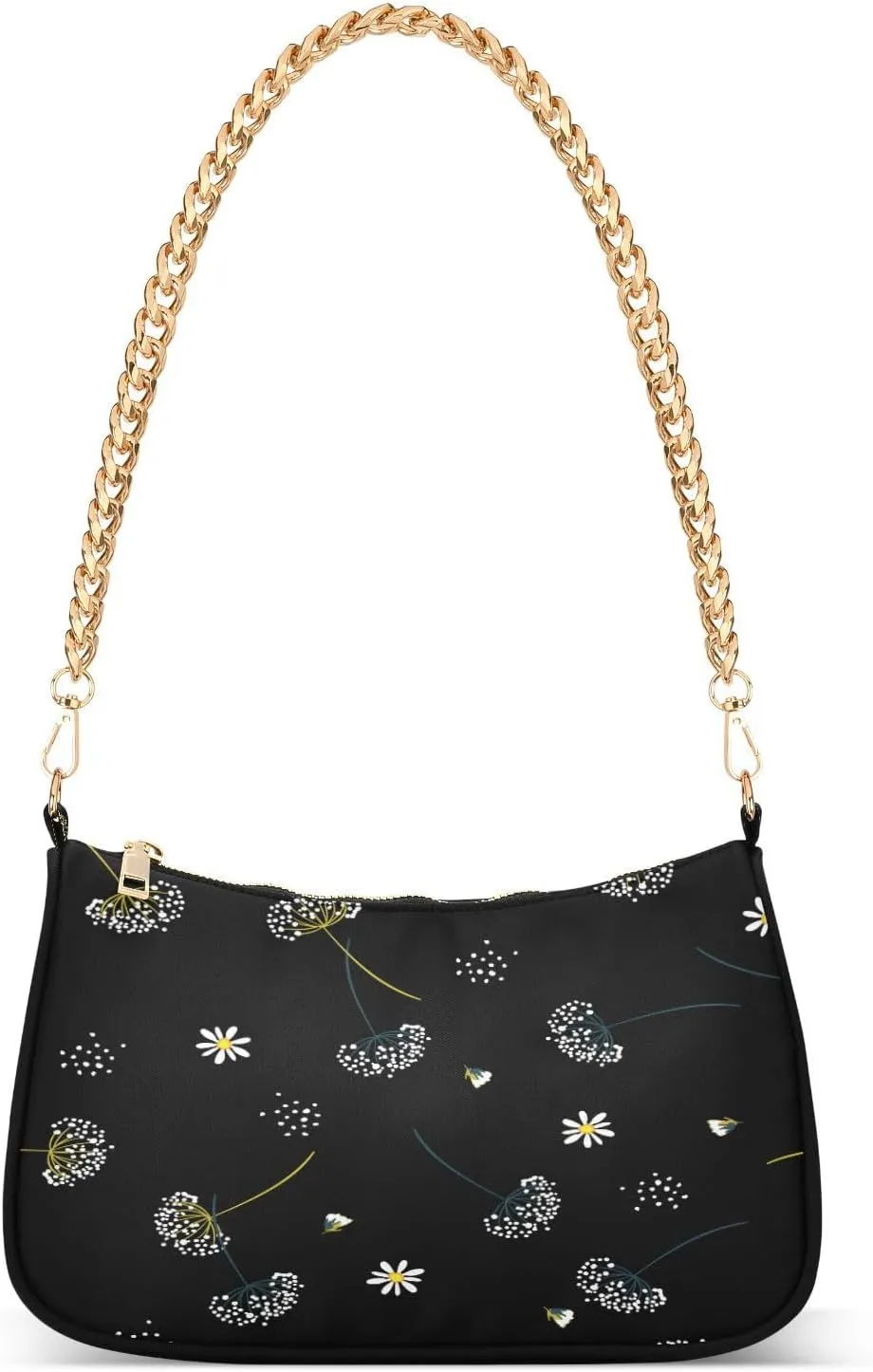 Dandelion White Flowers Womens Shoulder Bag for Women Girls Hobo Tote Handbag Gold Chain Crossbody Bag with Zipper Clutch Purse Handbags