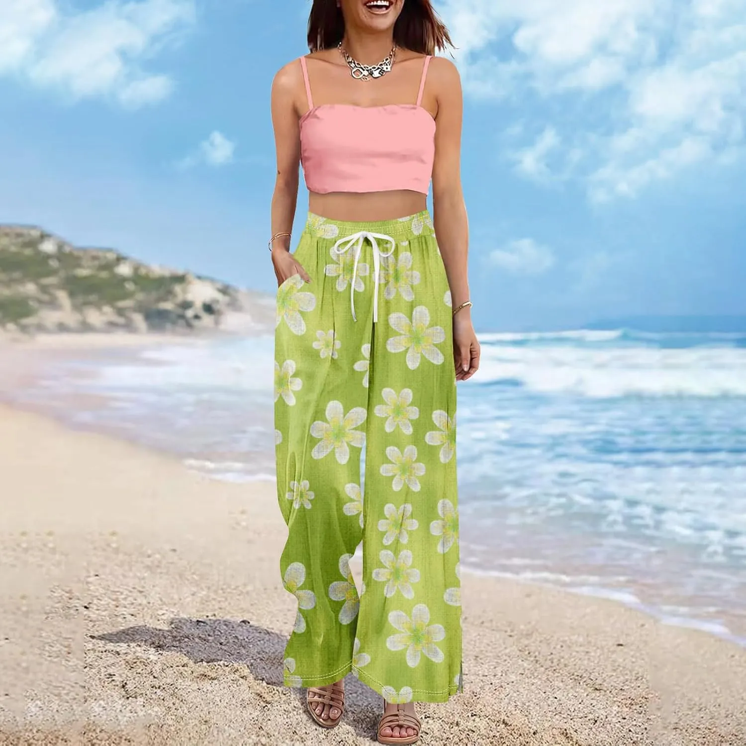 Dress Pants Women Petite High Waisted Wide Leg Summer Beach Vacation Women's Pants Boho Lounge Casual Palazzo Trousers