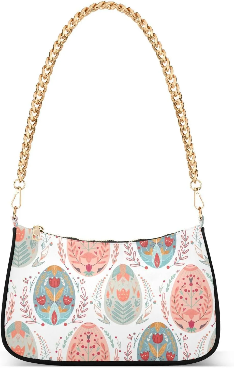 Easter Eggs with A Folk Floral Shoulder Handbags for Women Travel Hobo Tote Handbag Women Gold Chain Shoulder Bags Purse with Zipper Closure