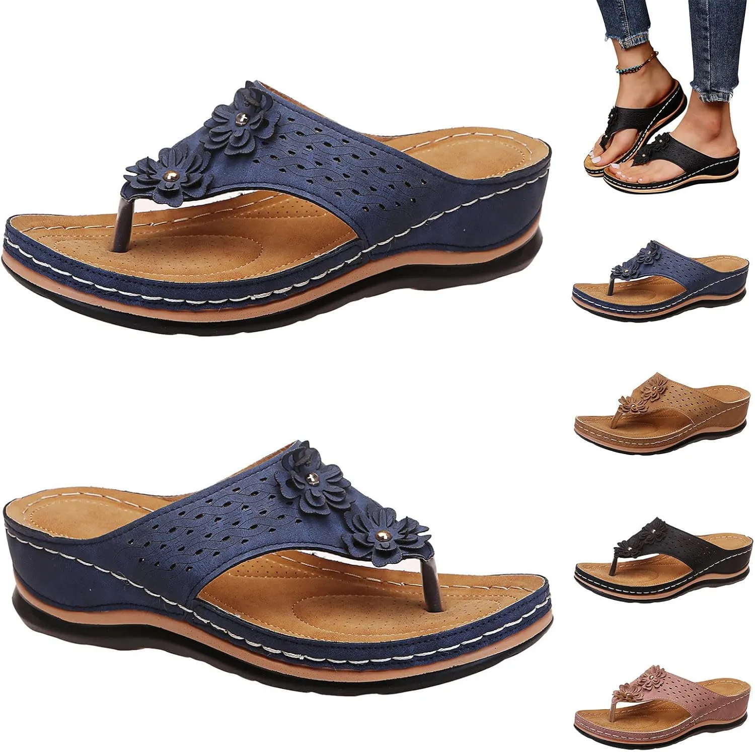 Eduavar Platform Sandals Women Casual Beach Walking Shoes Orthopedic Arch Support Flip Flop Comfortable Wedge Slides Slippers