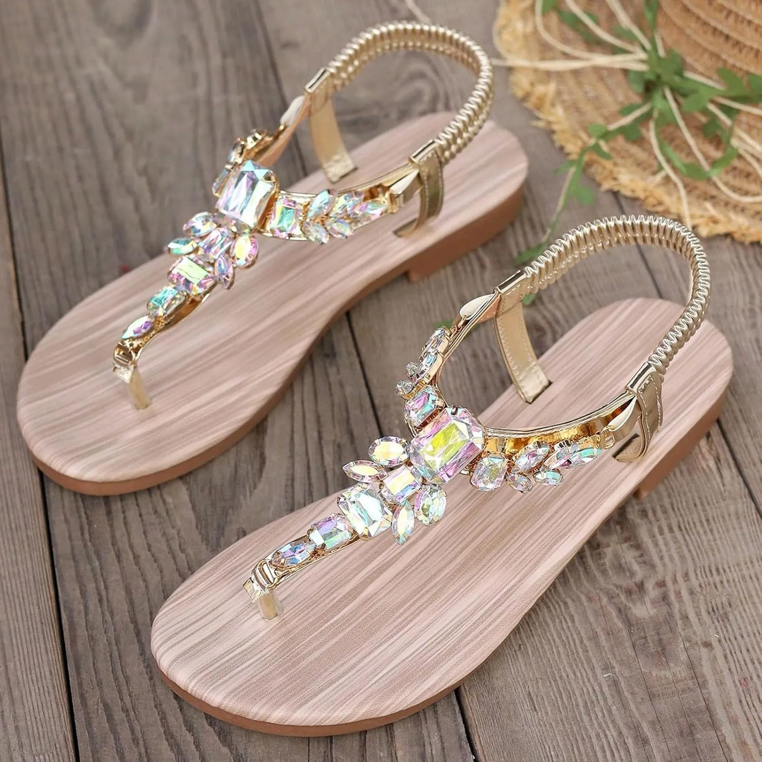 Eduavar Sandals for Women 2025 Casual Comfortable Dressy Rhinestone Summer Beach Sandals Slip-on Walking Orthopedic Shoes