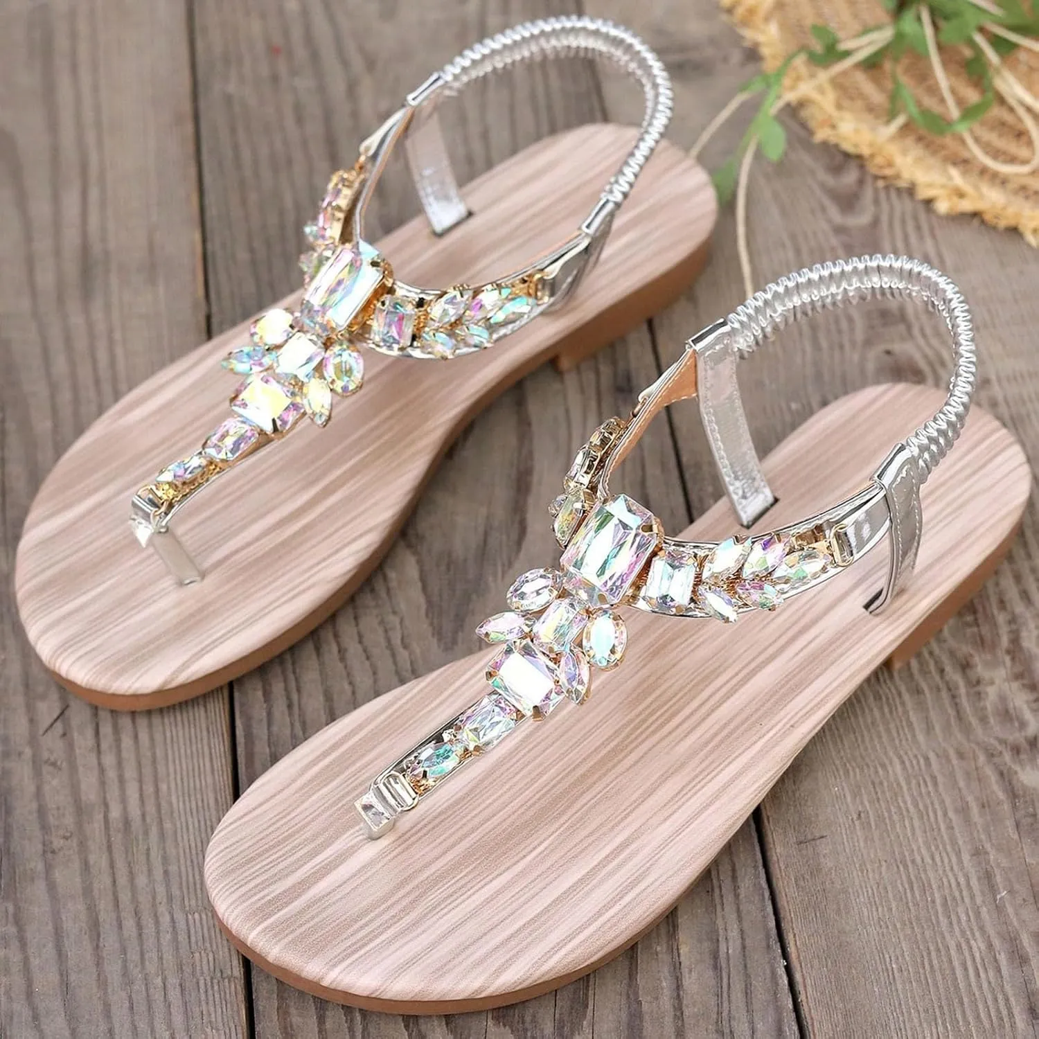 Eduavar Sandals for Women 2025 Casual Comfortable Dressy Rhinestone Summer Beach Sandals Slip-on Walking Orthopedic Shoes