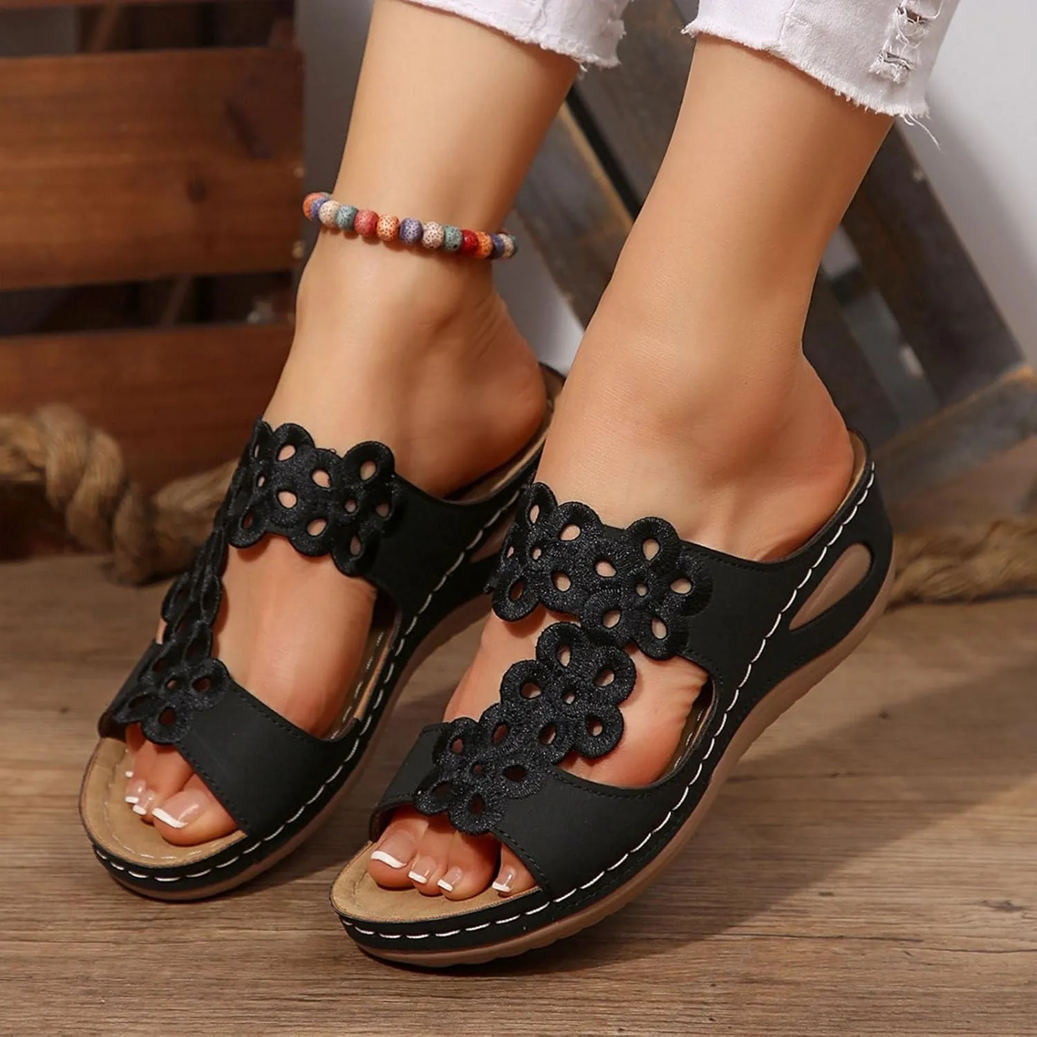 Eduavar Sandals for Women 2025 Slip On Comfortable Orthopedic Slide Slippers Lady Walking Platform Sandals with Arch Support