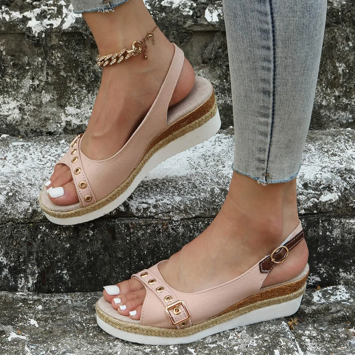 Eduavar Sandals for Women 2025 Summer Open Toe Slingback Wedges Double Strap Block Low Heel Sandals Classic Dress Shoes