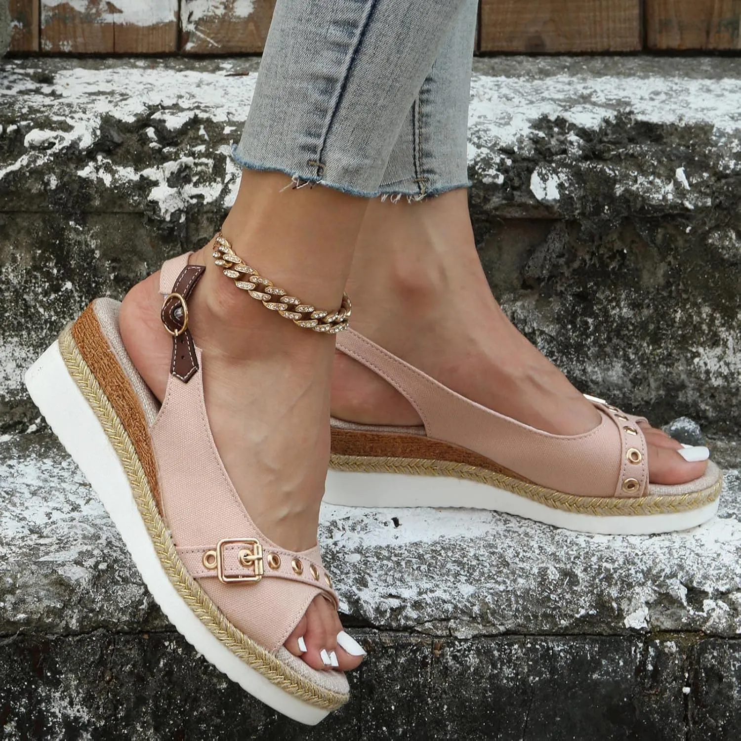 Eduavar Sandals for Women 2025 Summer Open Toe Slingback Wedges Double Strap Block Low Heel Sandals Classic Dress Shoes