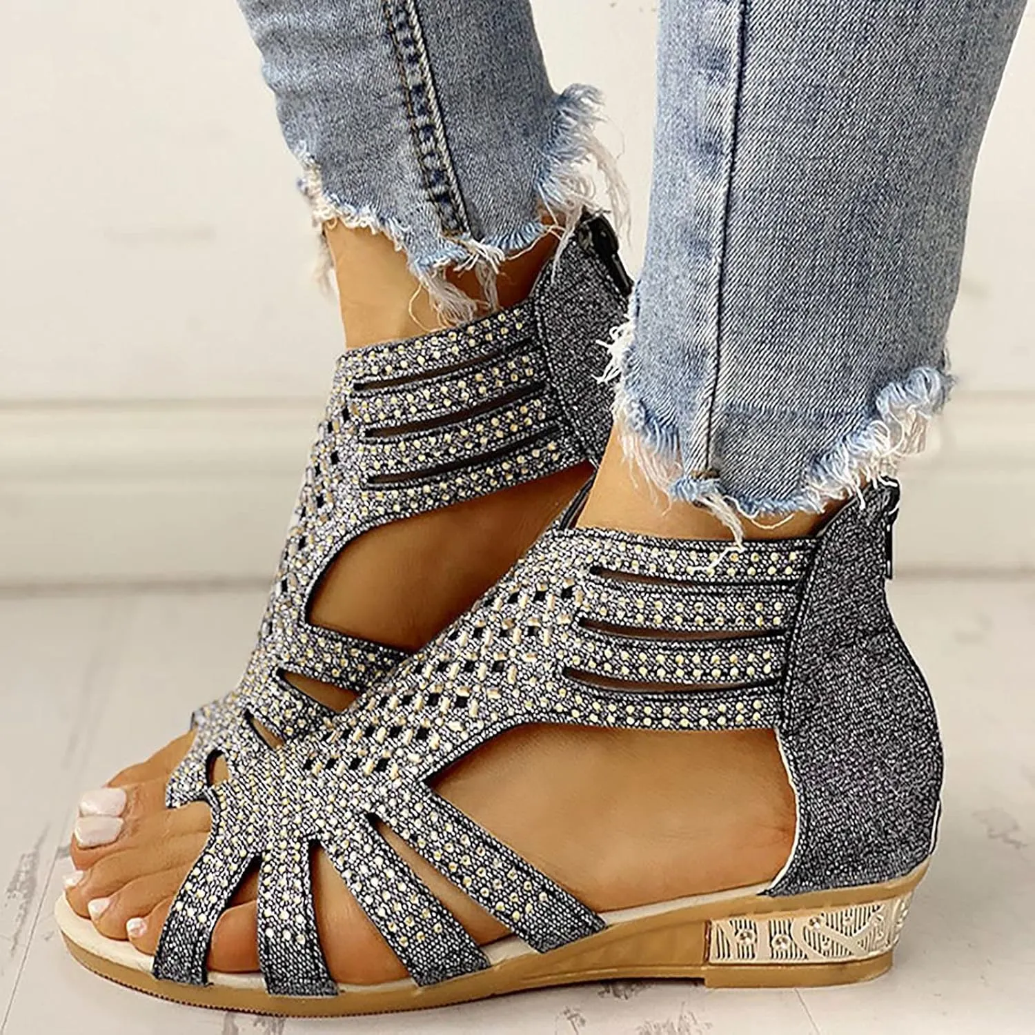 Eduavar Sandals for Women Casual Summer, Women Sandals Closed Toe Wedge Sandals Summer Casual Ankle Strap Buckle Sandals