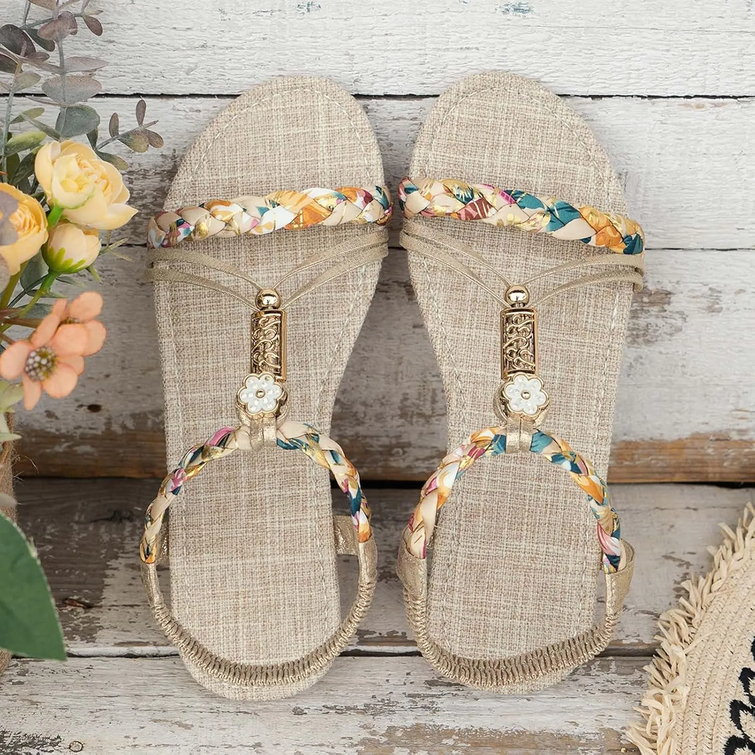 Eduavar Womens Sandals Arch Support Bohemian Comfort Dressy Rhinestone Summer Beach Flat Shoes Slip-on Ankle Strap Sandals