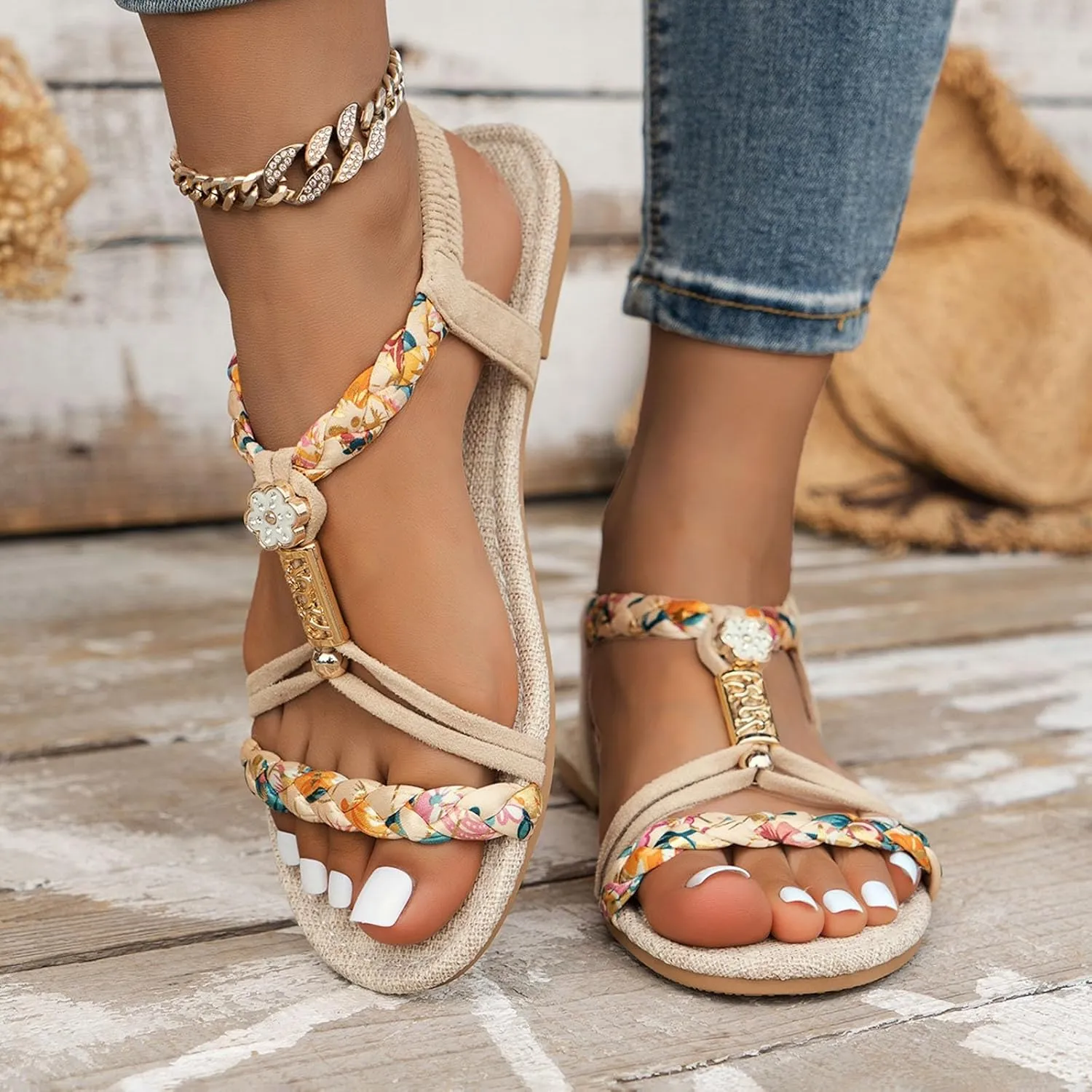 Eduavar Womens Sandals Arch Support Bohemian Comfort Dressy Rhinestone Summer Beach Flat Shoes Slip-on Ankle Strap Sandals