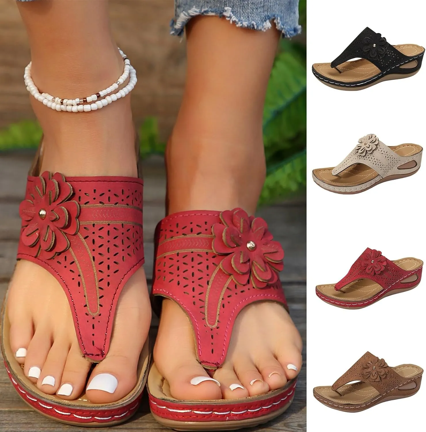 Eduavar Womens Sandals Arch Support Thong Ladies Wedge Sandals Comfortable Summer Orthopedic Beach Lightweight Flip-Flops