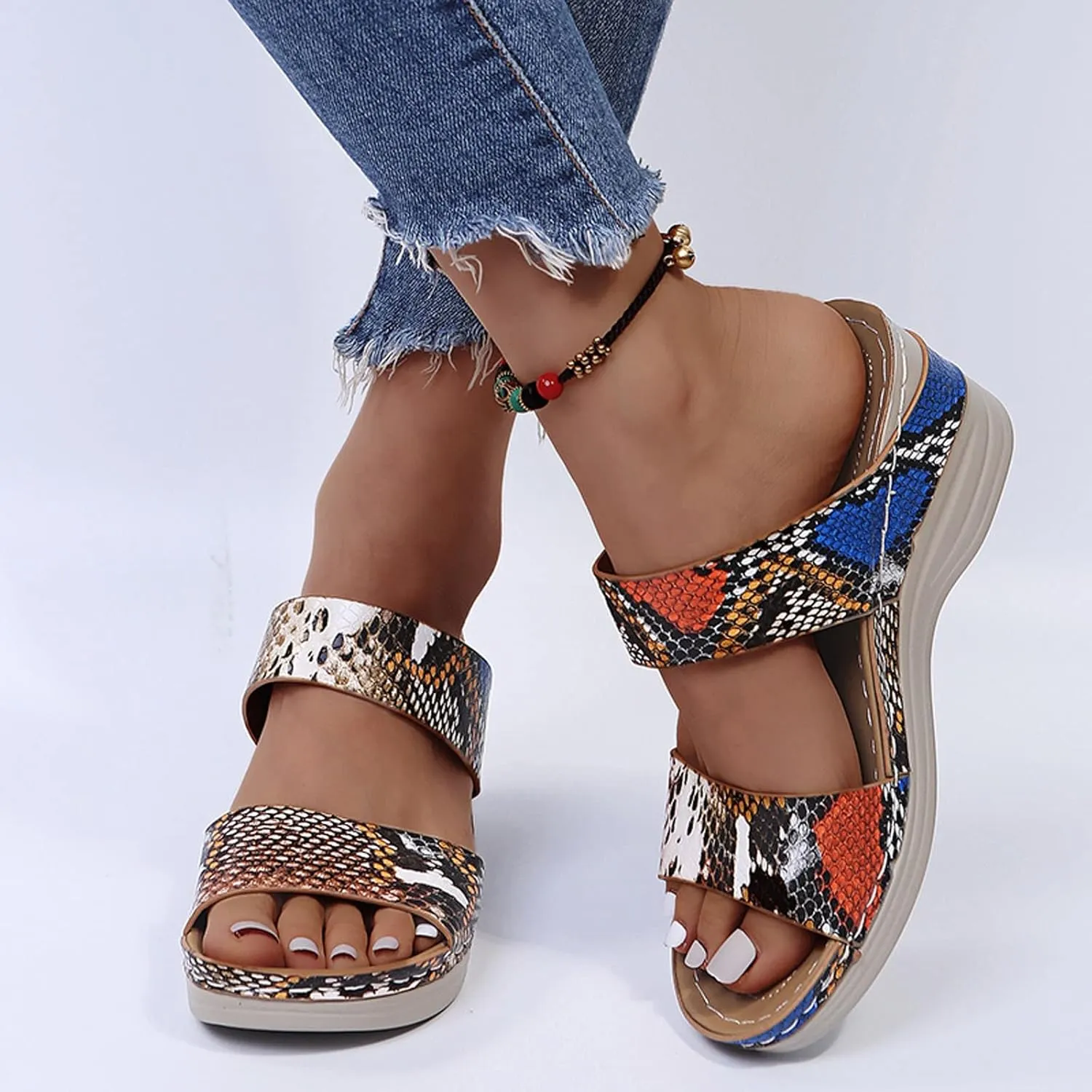 Eduavar Womens Sandals Comfortable, Sandals Women Floral Leopard Print Sandals Peep Toe Wedge Sandals Comfy Slip On Shoes