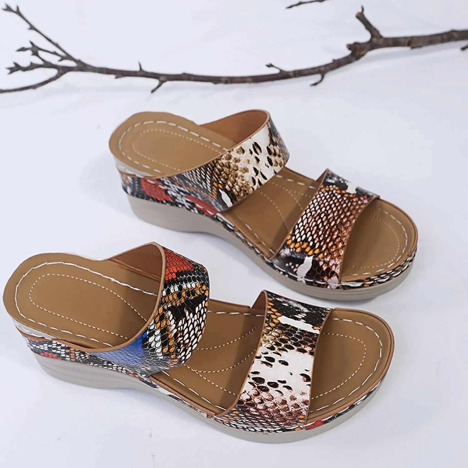 Eduavar Womens Sandals Comfortable, Sandals Women Floral Leopard Print Sandals Peep Toe Wedge Sandals Comfy Slip On Shoes