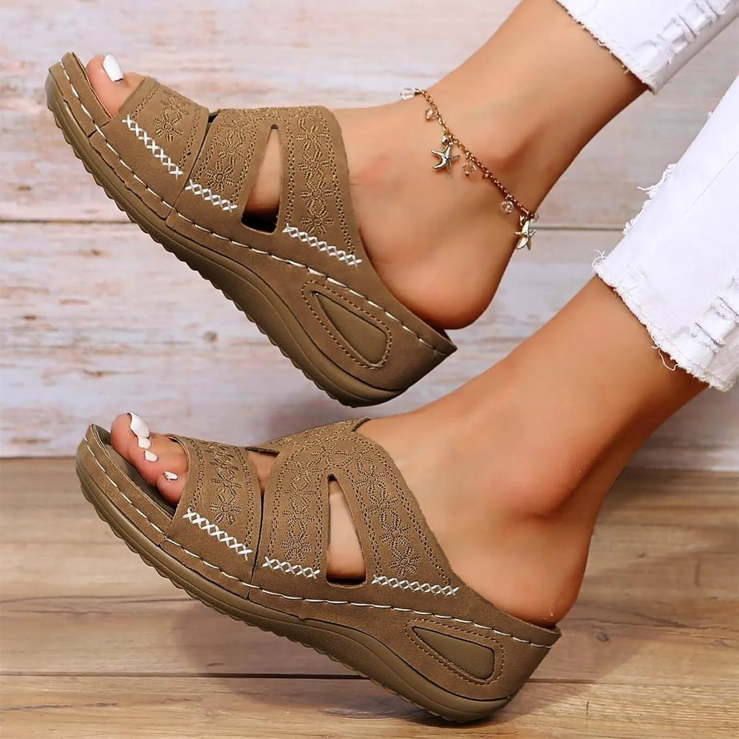 Eduavar Womens Sandals Summer Dressy Orthotic Slides Comfort Support Slip on Flip Flops Platform Sandals Yoga Mat Slippers