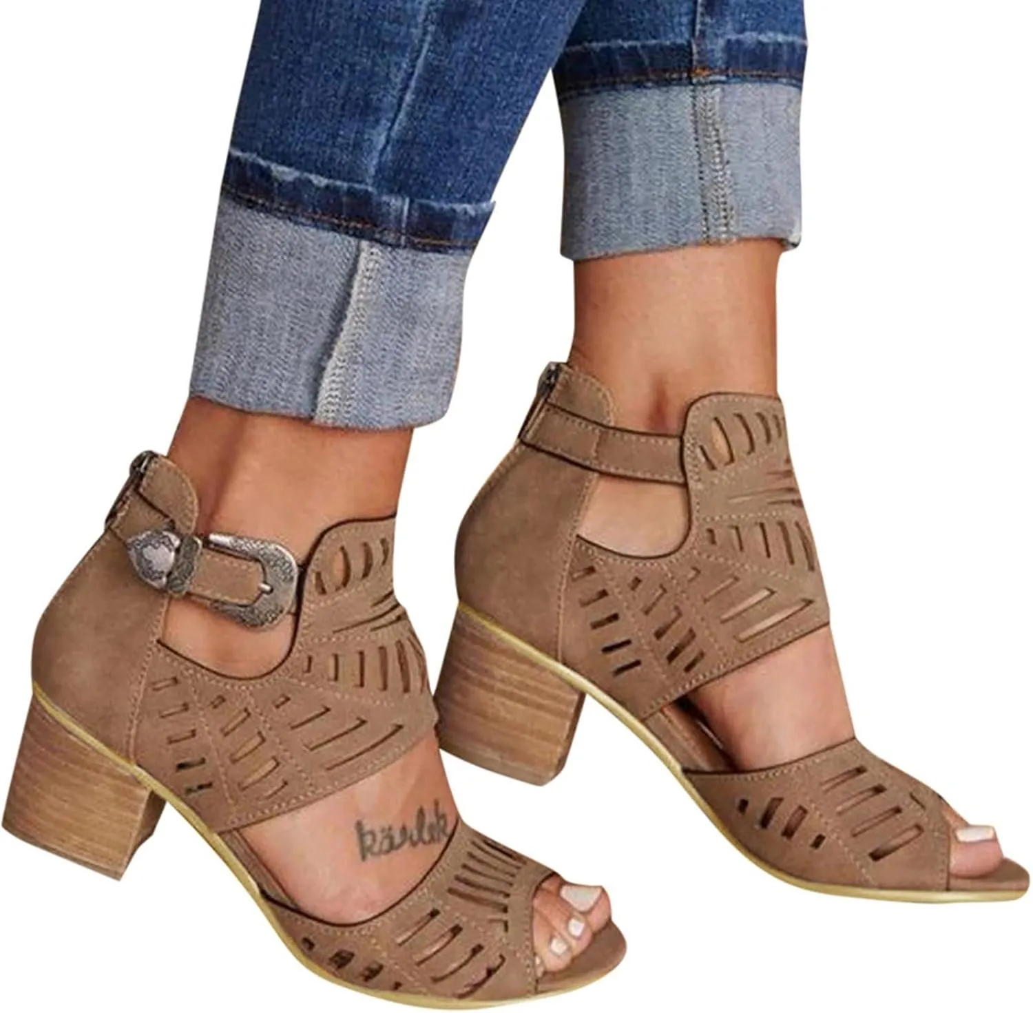 Eduavar Womens Wedge Sandals, Orthopedic Sandals for Women Leather Peep Toe Cutout Zipper Chunky Heeled Sandals