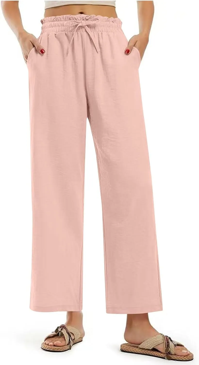 fanmpghleoo Cropped Linen Pants Women Summer Boho Beach Wide Leg Palazzo Pants Business Casual Linen Trousers with Pockets