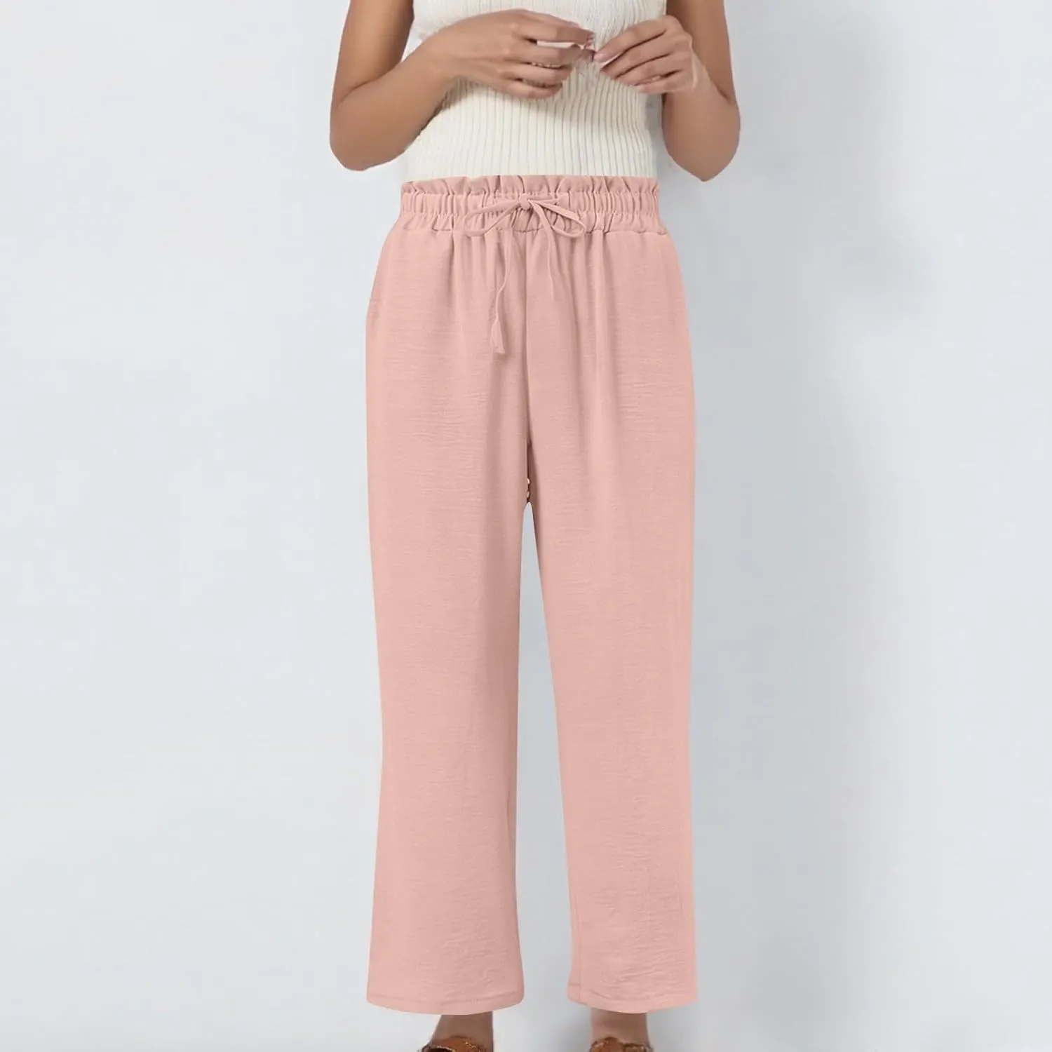 fanmpghleoo Cropped Linen Pants Women Summer Boho Beach Wide Leg Palazzo Pants Business Casual Linen Trousers with Pockets