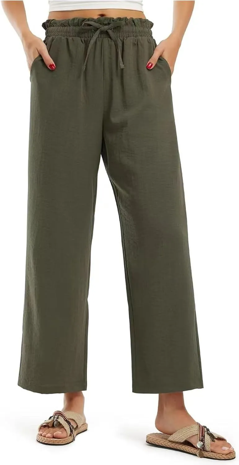 fanmpghleoo Cropped Linen Pants Women Summer Boho Beach Wide Leg Palazzo Pants Business Casual Linen Trousers with Pockets