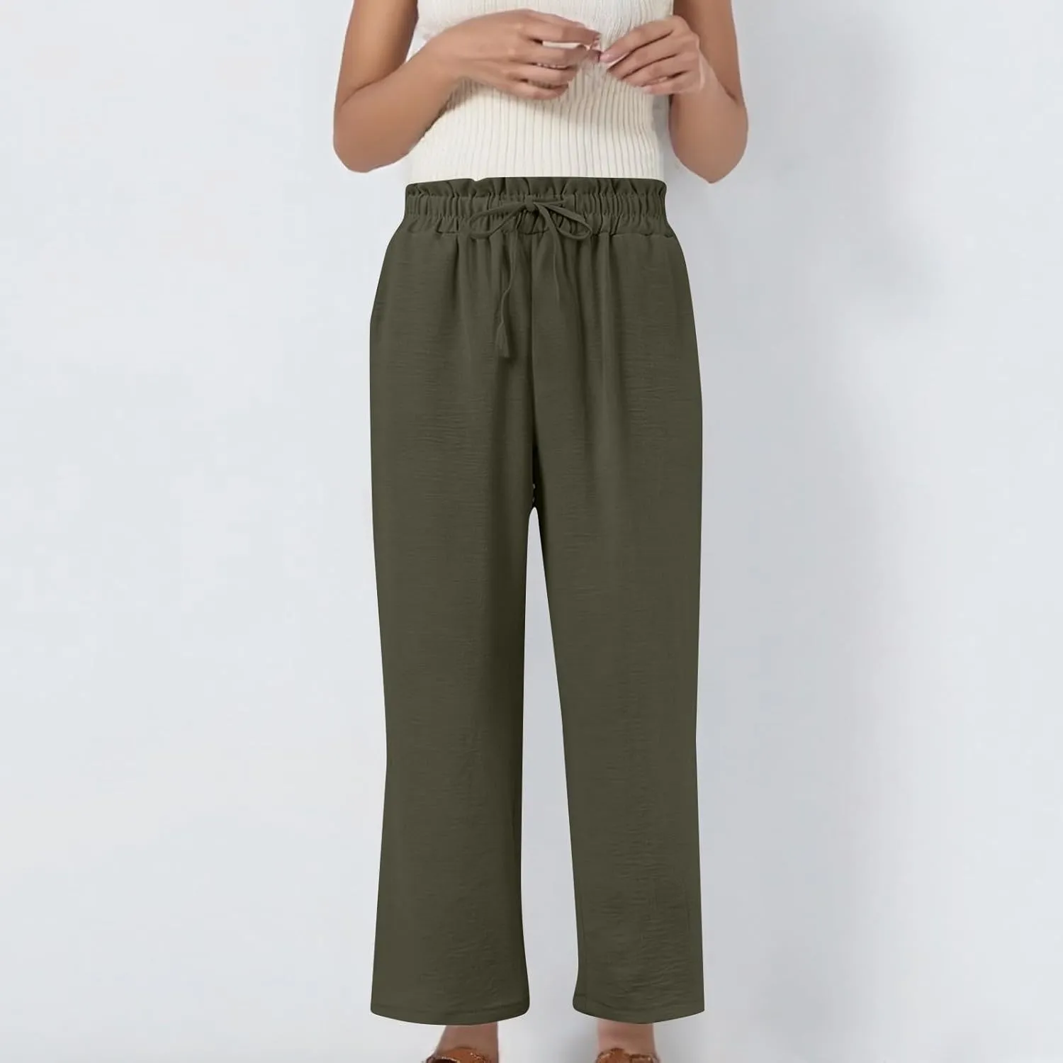 fanmpghleoo Cropped Linen Pants Women Summer Boho Beach Wide Leg Palazzo Pants Business Casual Linen Trousers with Pockets
