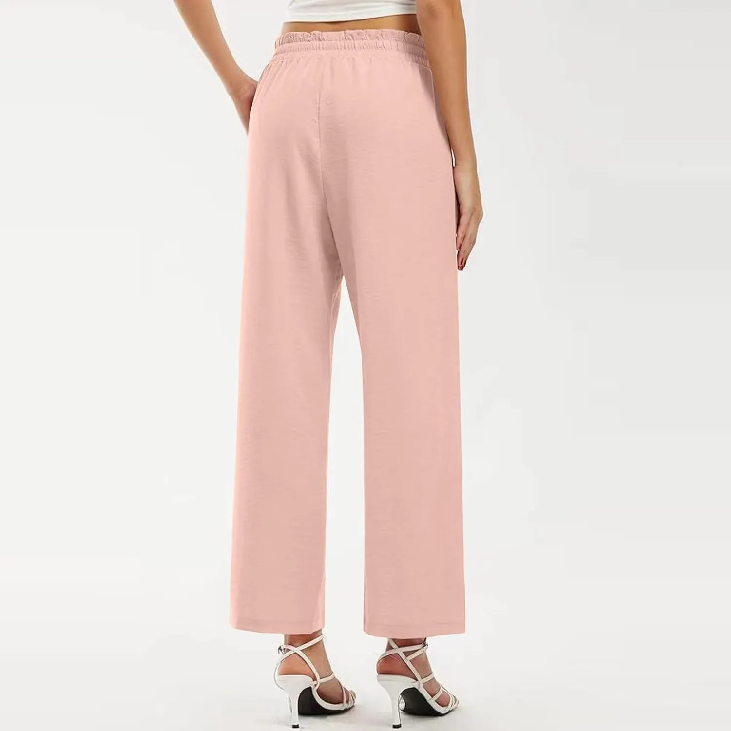 fanmpghleoo Cropped Linen Pants Women Summer Boho Beach Wide Leg Palazzo Pants Business Casual Linen Trousers with Pockets