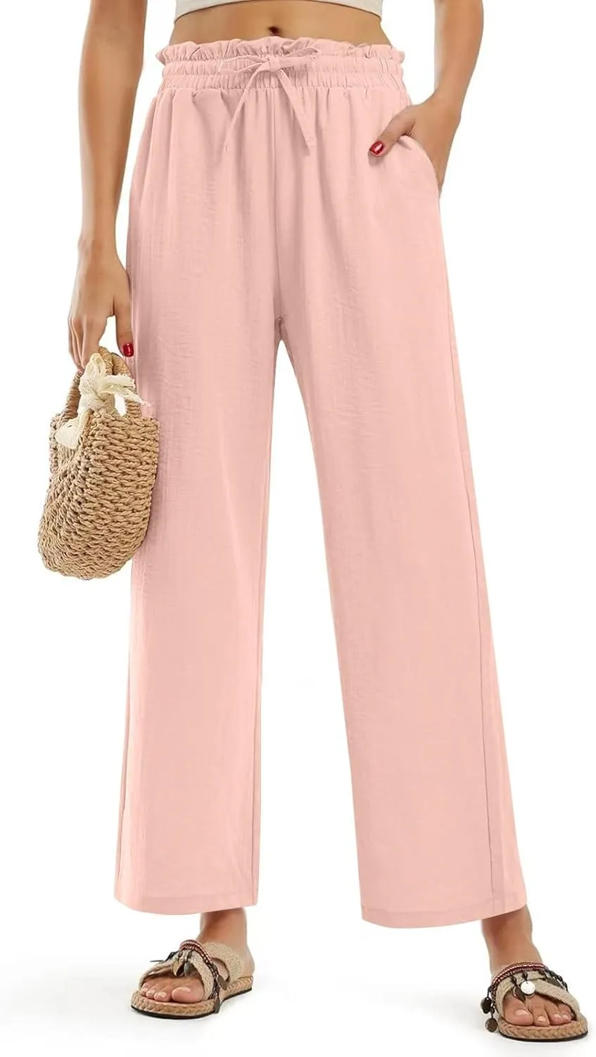 fanmpghleoo Cropped Linen Pants Women Summer Boho Beach Wide Leg Palazzo Pants Business Casual Linen Trousers with Pockets