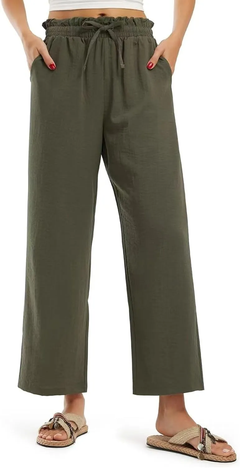 fanmpghleoo Cropped Linen Pants Women Summer Boho Beach Wide Leg Palazzo Pants Business Casual Linen Trousers with Pockets
