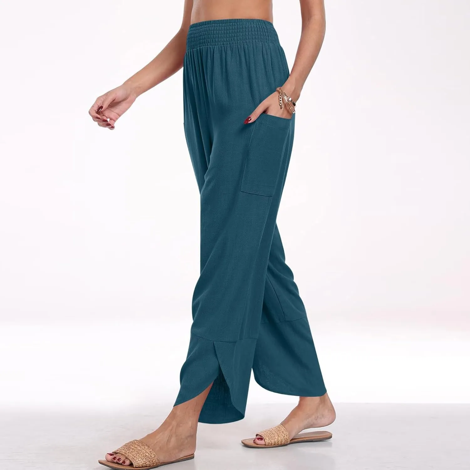 fanmpghleoo Harem Pants Women Cropped Wide Leg Linen Pants Summer Smocked Elastic Waist Yoga Pull On Capris with Pockets