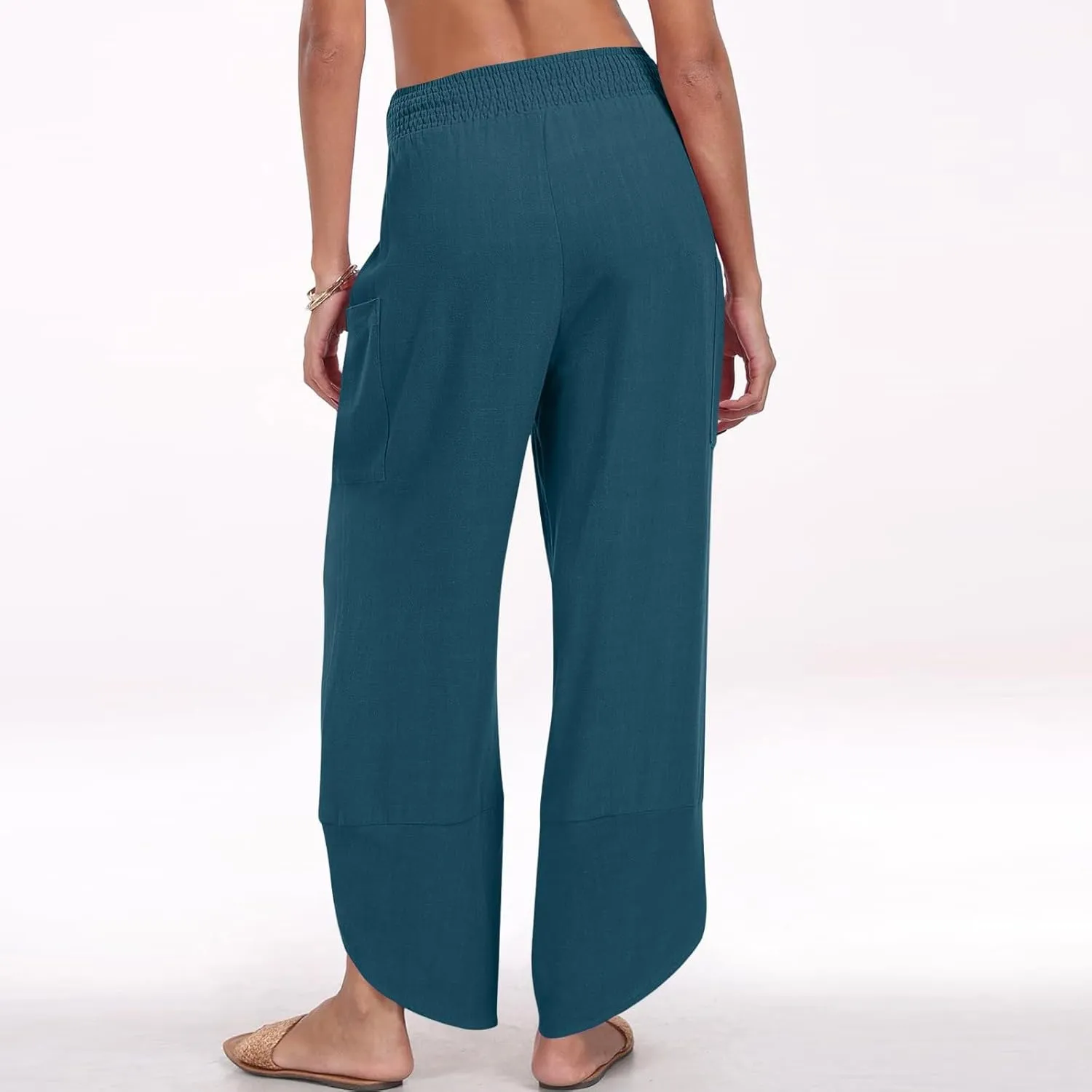 fanmpghleoo Harem Pants Women Cropped Wide Leg Linen Pants Summer Smocked Elastic Waist Yoga Pull On Capris with Pockets