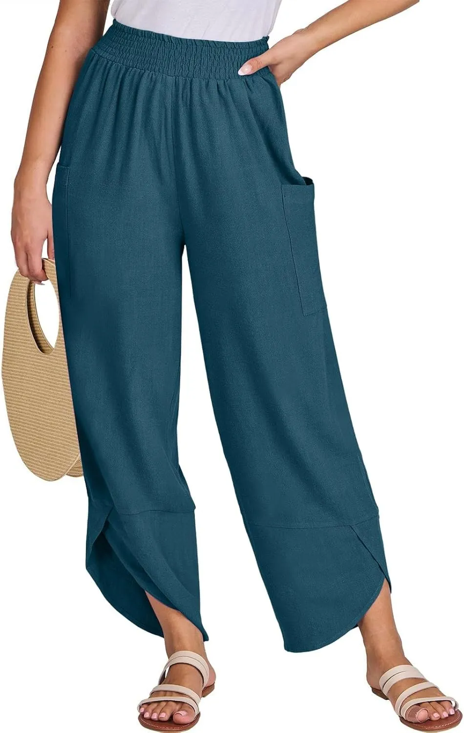 fanmpghleoo Harem Pants Women Cropped Wide Leg Linen Pants Summer Smocked Elastic Waist Yoga Pull On Capris with Pockets